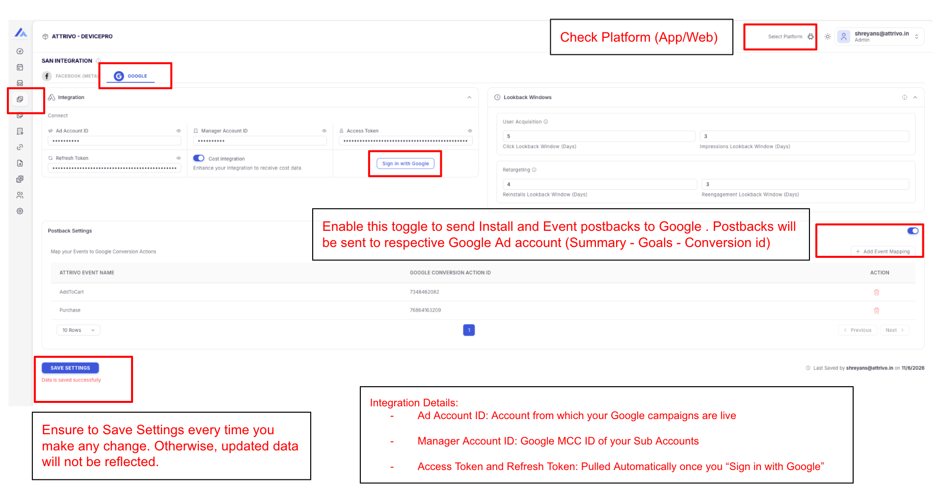 Attrivo Dashboard Google SAN Integration